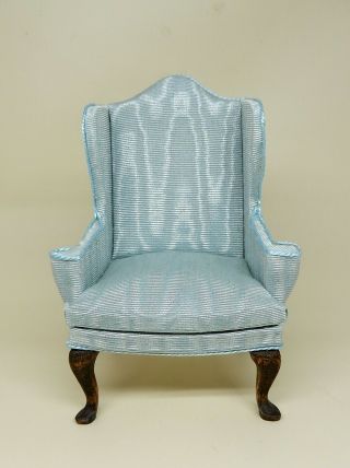 Vintage Hoeltge Blue Silk Moire Wingback Chair Artisan Dollhouse Miniature 1:12