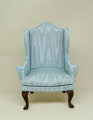 Vintage Hoeltge Blue Silk Moire Wingback Chair Artisan Dollhouse Miniature 1:12 2