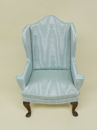 Vintage Hoeltge Blue Silk Moire Wingback Chair Artisan Dollhouse Miniature 1:12 3