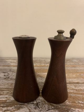 Vintage Mid - Century Modern Salt Shaker & Pepper Mill Wood Metal Made In Japan