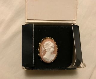 Vtg Estate Sarah Coventry Cameo Pin Brooch Ivory Lady On Peach Background & Box
