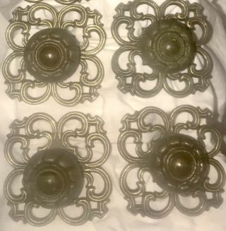 Vtg Rare Brass Plated 9 Knobs/drawer Pulls W/ Large Ornate Backplates So Pretty