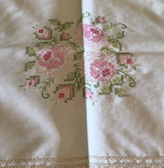 White Vintage Floral Cross Stitch Tablecloth Appx 68”x50”
