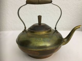 Vintage Copper Tea Pot Kettle Wood And Brass Handle Half Copper Half Brass