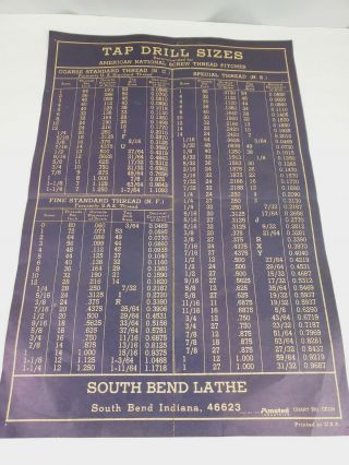 South Bend Lathe Tap Drill Sizes Shop Chart Old Antique Vintage