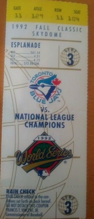 1992 Game 3 World Series Ticket Stub Atlanta Braves At Toronto Blue Jays