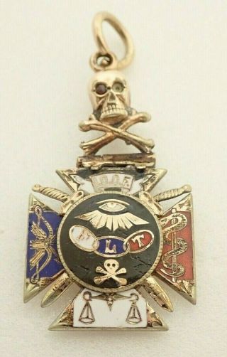 Antique Gold Filled Enamel Flt Odd Fellow Masonic Skull Pocket Watch Pendant Fob