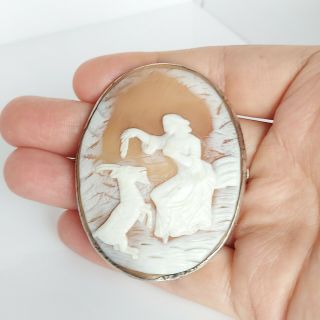 Large Antique Victorian Sterling Silver & High Relief Carved Cameo Pin Brooch