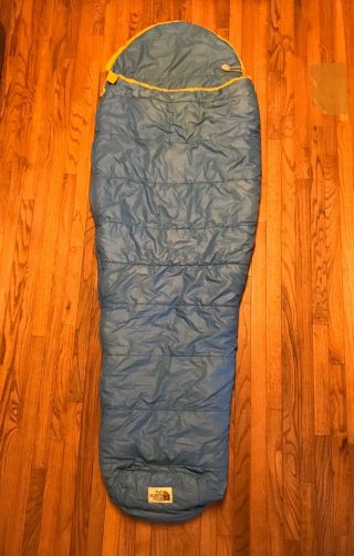 Vintage 1980s The North Face Cats Meow Sleeping Bag Size Reg 83 X 30 Blue/yellow