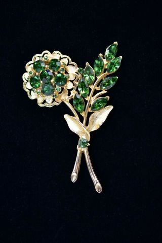 Weiss Signed Pin Brooch Rhinestone Crystal Flower Green Gold Shiny Vintage Binb