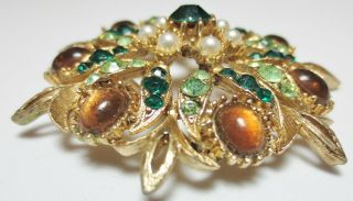 Vintage Estate Jewelry Pin - Ornate Flower Cluster Faux Emerald Peridot Seed Pearl