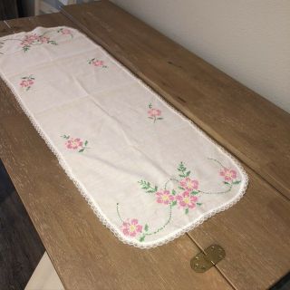 Vintage Cross Stitch Embroidered Table Runner Dresser Scarf Pink Flowers 14 " X38 "