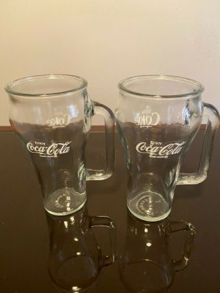 Set Of 2 - Vintage Coca - Cola Heavy Glass Mug Style Glass With Handle (clear)