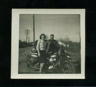 Couple Posing With Harley - Davidson On Roadside - Vintage 1940s Motorcycle Photo