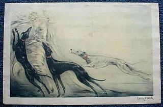 Vintage (circa 1920`s) Louis Icart Print Signed 10 X 16 Lady W/ 3 Greyhounds