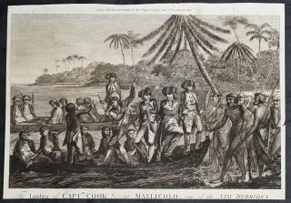 1784 Anderson Antique Print Of Capatin Cook Landing In Malakula,  Vanuatu In 1774