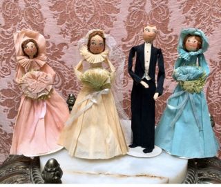 Vtg 1940s Wedding - Bridal Shwr Figural Dolls Crepe Paper Cake Toppers Bride - Groom