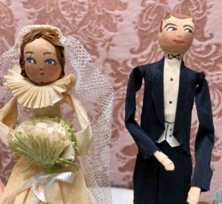 VTG 1940s WEDDING - Bridal Shwr Figural DOLLS CREPE PAPER Cake Toppers BRIDE - GROOM 2