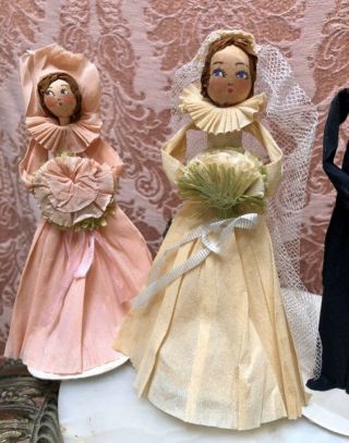 VTG 1940s WEDDING - Bridal Shwr Figural DOLLS CREPE PAPER Cake Toppers BRIDE - GROOM 3