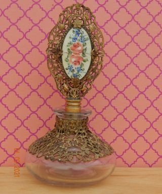 Antique Baroque Filigree Guilloche Enamel Glass Vanity Perfume Bottle