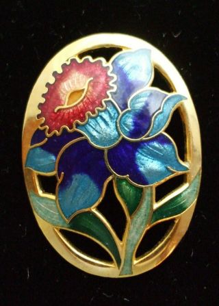 Lovely Vintage Cloisonne Enamel Flower Pin Brooch In Blue & Maroon