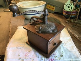 Antique Wood & Cast Iron Coffee Grinder Hand Crank Dovetail Drawer Patent 1888