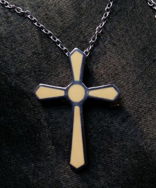 Lovely Fine Vintage Spanish Solid Silver Inlaid Enamel Cross On Chain C1970