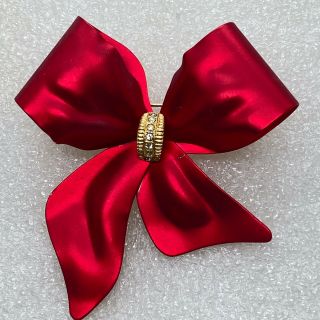 Vintage Large Bow Brooch Pin Rhinestone Red Satin Enamel Costume Jewelry