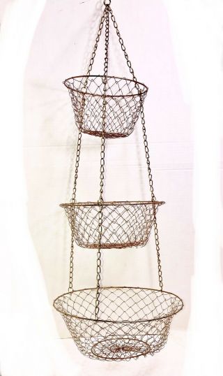 Vintage 3 - Tier Hanging Fruit Basket Round Gold Metal Wire Mesh Collapsible