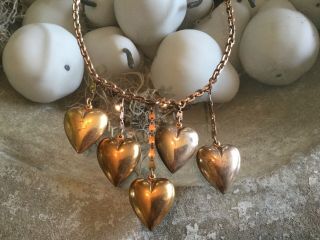 Antique Vintage Gold Tone Metal Necklace With 5 Large Puffy Hearts