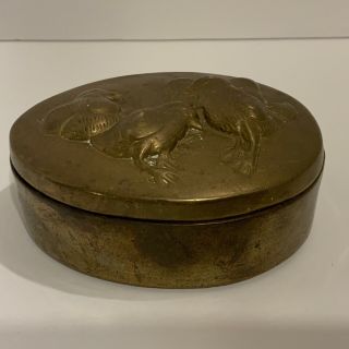 Vintage Brass Oval Egg Shape Trinket Box With Embossed Chicks On Lid