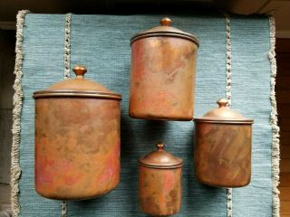 Vintage Copper Brass 4 Piece Canister Nesting Set Great Antique Farmhouse Rustic