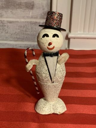 Jolly Antique Vintage Snowman In A Tuxedo Mache Mica Cardboard Velvet Glitter