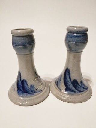 (2) Vintage 1989 Rowe Pottery Salt Glaze 4 3/4 " Candlesticks