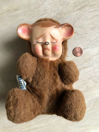 Vintage Knickerbocker Pouting Sad Vinyl Rubber Face Teddy Bear Plush Small 6.  5 "