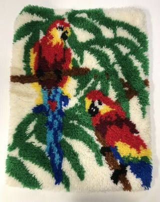Vintage Latch Hook Rug 20 " X 26 " Macaw Parrots Multi Color