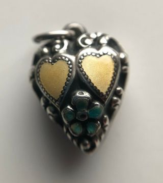 Vintage Antique Sterling Yellow And Blue Enamel Forget Me Not Puffy Heart Charm
