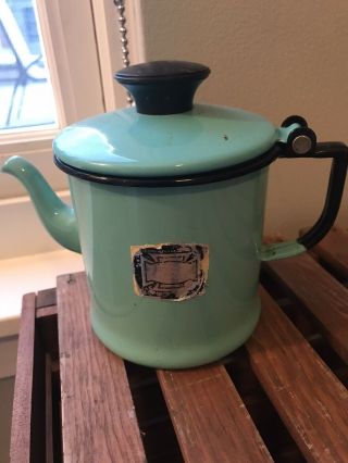 Vintage Turquoise Aqua Blue Green Enamelware Granitewear Teapot Tea Pot Lisk