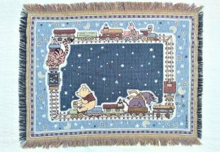 Vtg Winnie The Pooh Train Blanket Woven Tapestry Throw Disney Goodwin Usa Stars