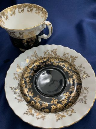 Vintage Royal Albert Footed Teacup & Saucer With Black & Gold Design From 1960s