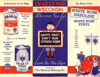 1937 Wisconsin Road Map – National Refining Co.  (en - Ar - Co & White Rose Gas)