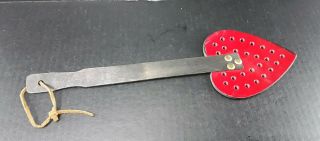 Vtg Heart Shaped 15 " Fly Swatter - Leather Heart/rope,  Wood Handle,  Brass Rivets