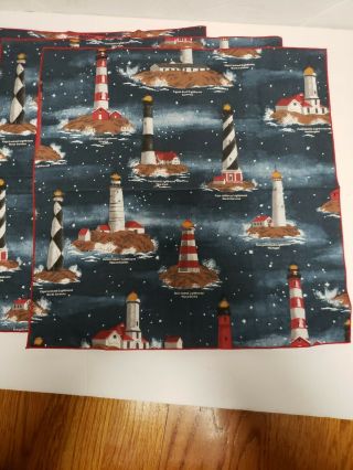 Vintage Set Of 4 Cloth Napkins Lighthouses From All World Nautical Ocean Beach