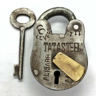 Authentic Antique Lock & Key Padlock - Ca.  1800’s India - White Metal Old Tool N
