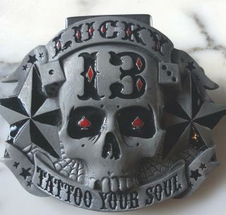 Vintage Huge Lucky 13 Skull Tattoo Your Soul Cigarette Lighter Biker Belt Buckle