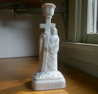 1880s Milkglass Jesus Carrying Cross Antique Candlestick 10 1/4 " Tall