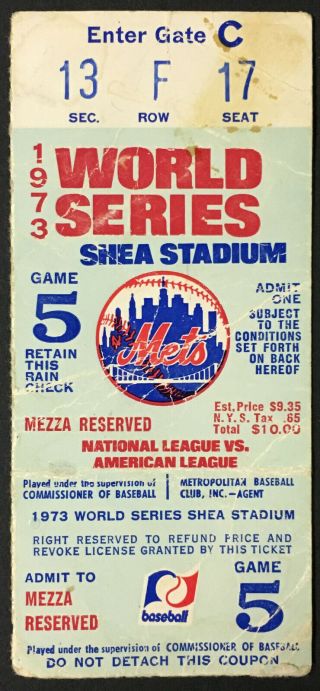 1973 World Series Game 5 Ticket Shea Stadium York Mets V Oakland Athletics