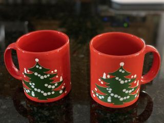 Vintage Waechtersbach Red Mug Christmas Tree West Germany Set Of 2 Coffee Cups