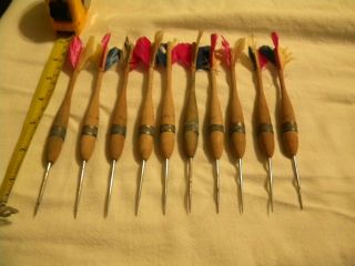 Vintage Wood Darts With Steel Tips,  Feather Fletchings
