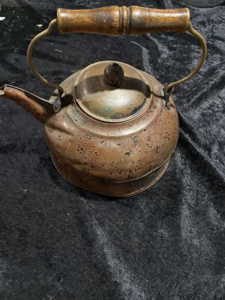 Vintage Copper Brass Tea Pot Kettle Planter Wood Handle W/ Lid Wonderful Patina